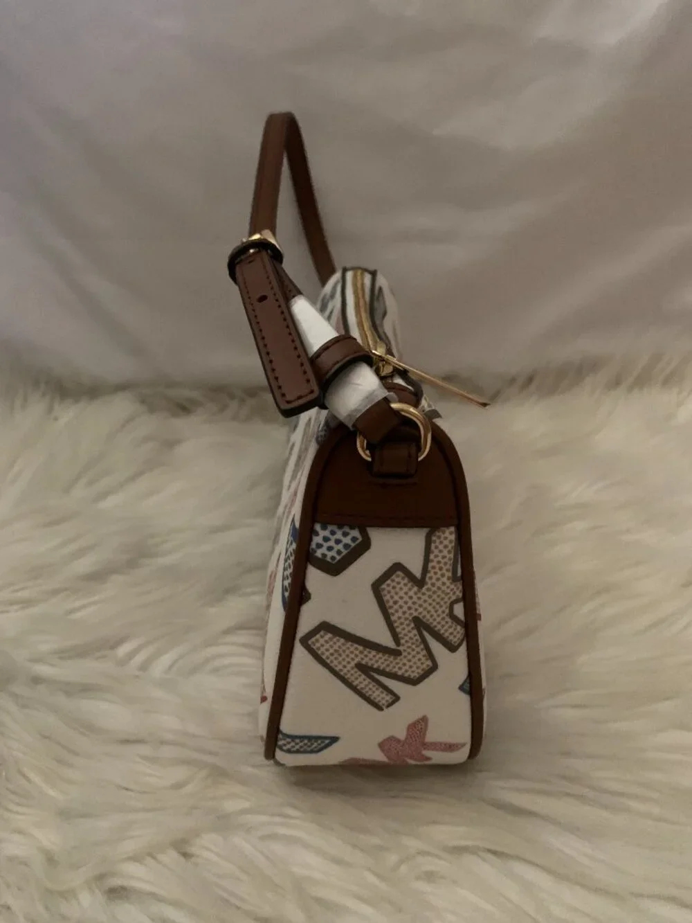 MICHAEL KORS Signature Logo Medium Pouchette in Optic White/Brown